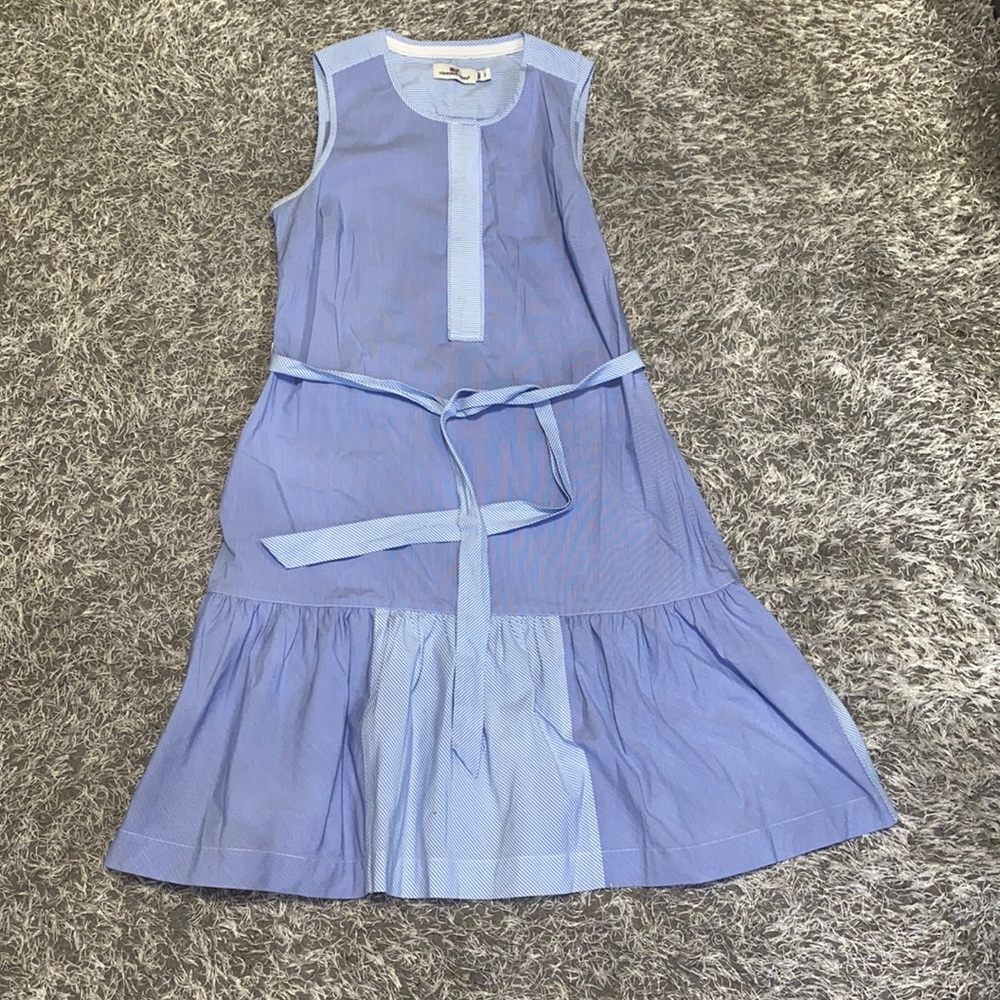 Vineyard Vines Baby Blue Mixed Stripes Shift Dress with ruffle hem